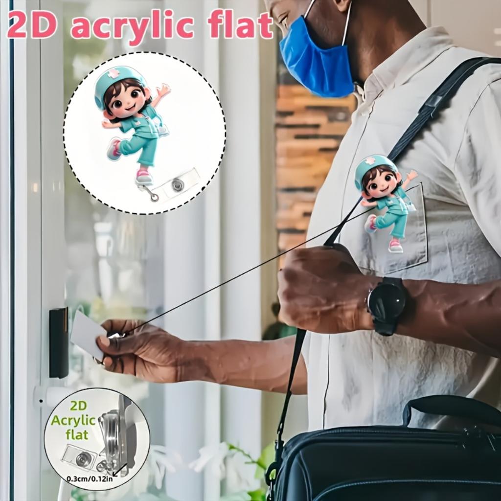 2D Flat Acrylic Nurse Girl With Nurse Cap Retractable Badge Reel, Sturdy Medical ID Tag Clip Accessory For Medical Students Nurses And Hospital Worker