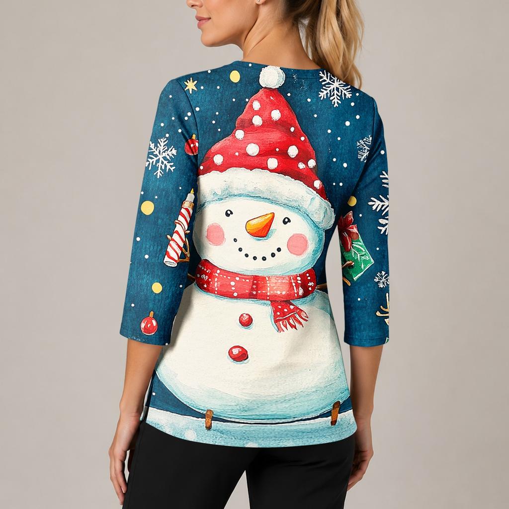 Women's Christmas Print V-Neck Work -Quarter Sleeve Caregiver Uniform Scrub Tunic