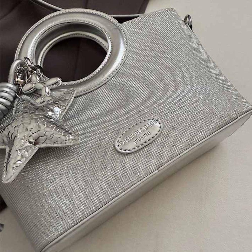 PU Sweet Star Silver Bag Tote Bag Shining Banquet Handbag Cute Small Basket Bag  Women