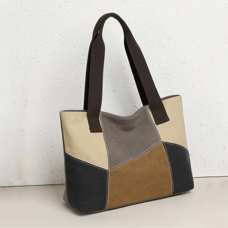 Yogodlns New Spliced Canvas Women's Shoulder Bag Large-capacity Portable Messenger Bag Casual Ethnic Style Contrasting Color Bag