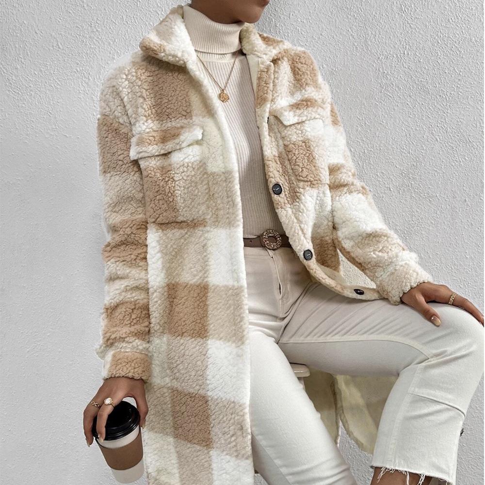 Autumn and Winter Buttoned Lapel Plush Plaid Skirt Loose Temperament Commuting Long Coat Women
