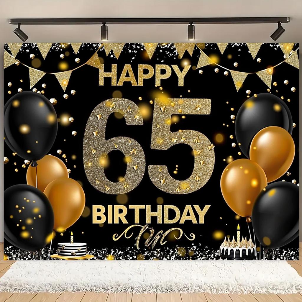 1 sfondo alla moda per la festa del 65° compleanno bandiera in poliestere nero e oro con palloncini e nastri