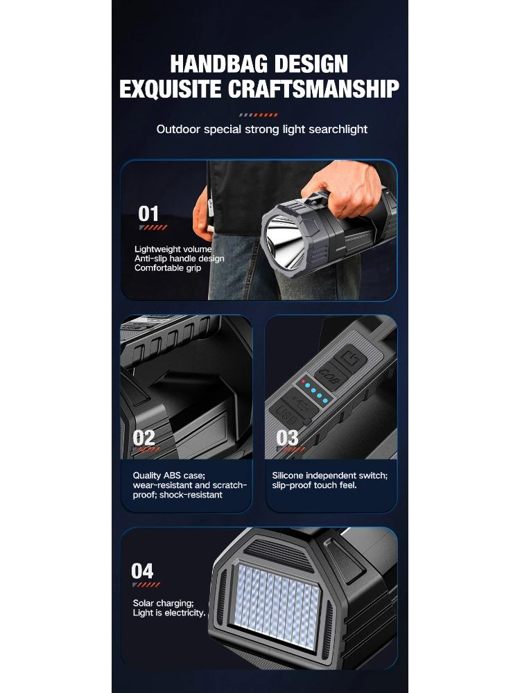 New Flashlight Solar Searchlight Strong Light Illumination Portable Handheld Flashlight Outdoor Multifunctional Lighting