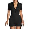 Women's Stand Collar Short Sleeve Romper Slim Fit High Waist Casual Ribbed Jumpsuit With Front Zipper For Yoga Workout Daily Wear