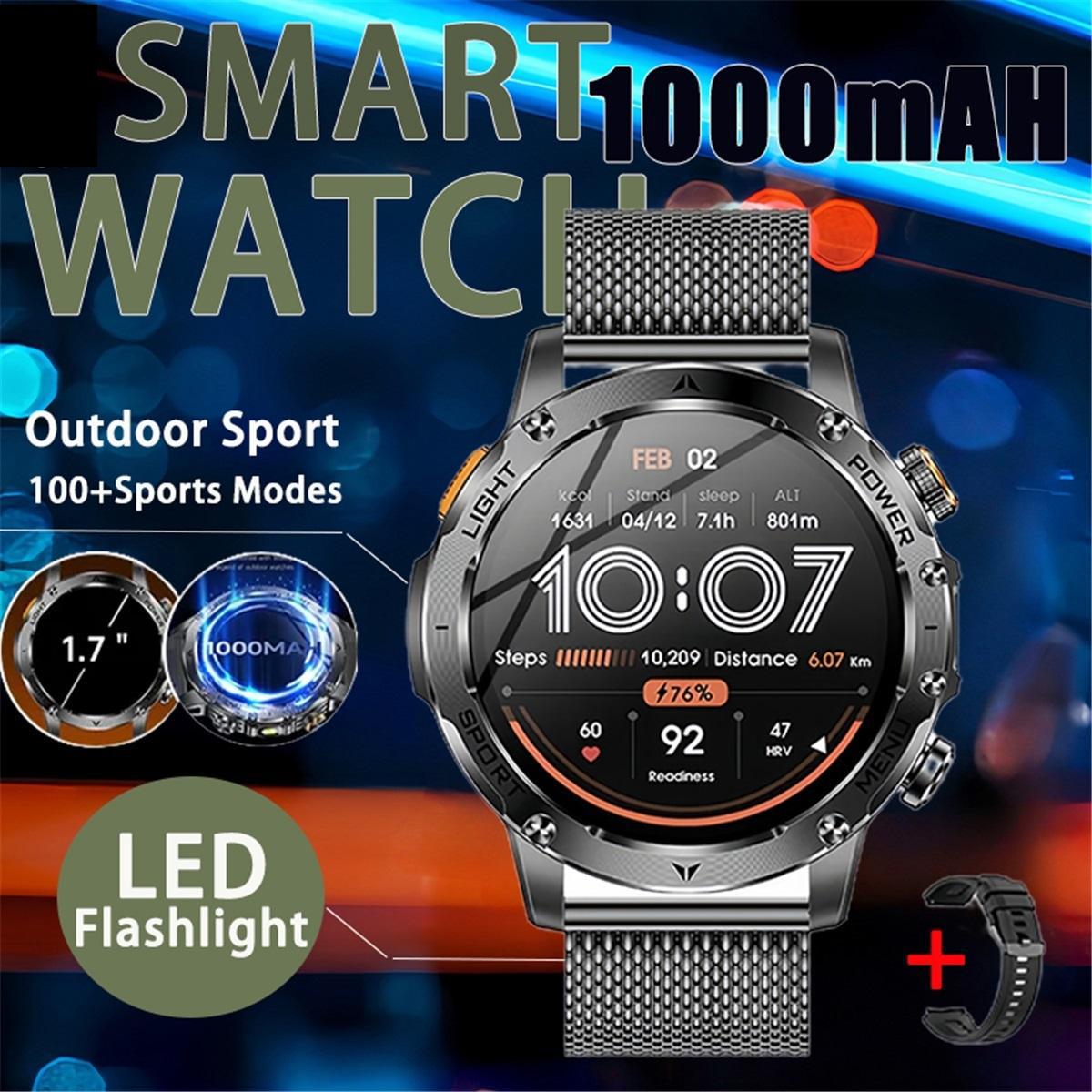 

2026 Outdoor New 1000mAh Battery TMilitary Grade Smart Watch Men IP69K Waterproof GPS HD Bluetooth Call 100 Sports Watch Black mesh belt-1000mAh big battery