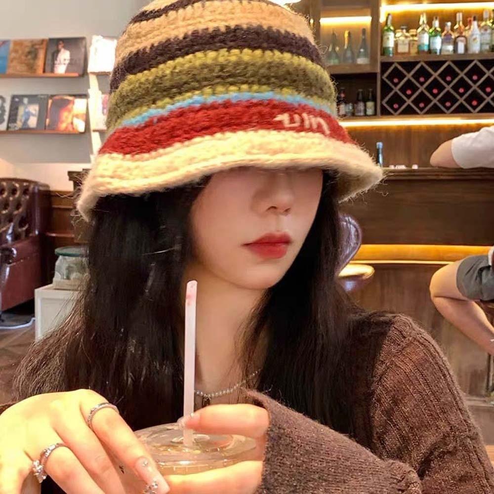 Warm Knitted Bucket Hat Anti-cold Woven Basin Cap Elegant Striped Fisherman Hat  Travel