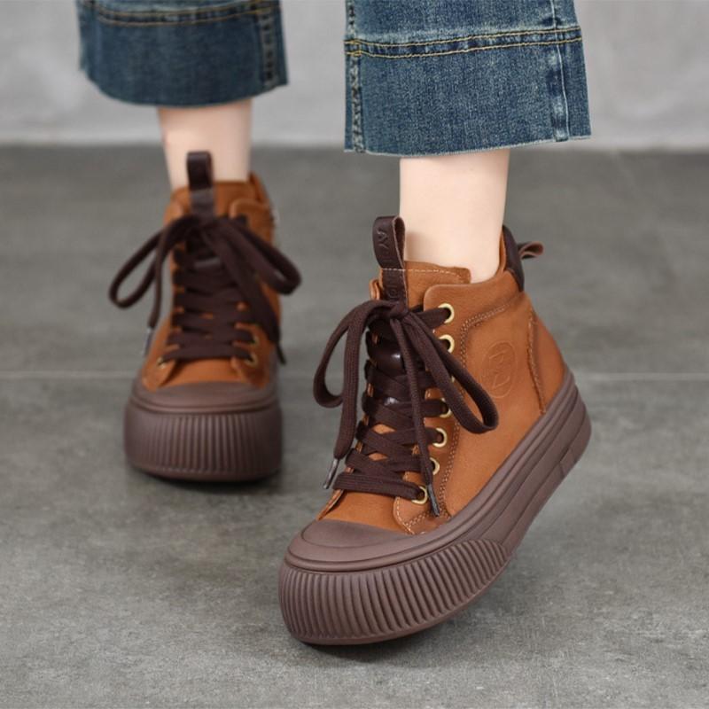 Johnature Versatile Plush Warm Short Boots Genuine Leather Round Toe Casual Women's Flat Platform Shoes