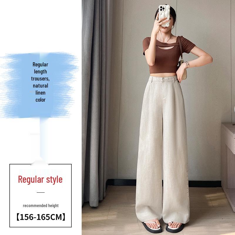 Tencel Linen Wide-Leg High-Waisted Women's Pants - Spring/Summer 2026, Ice Silk, Floor-Length, Casual Straight Fit
