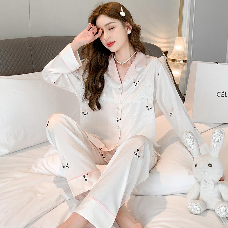 Damen Frühling und Herbst Ice Silk Pyjama Set Damen Sommer Dünn Cartoon Loungewear Zweiteilige Langarm Lange Hosen Homewear