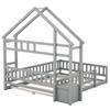 Cama infantil tipo casa 140x200cm, Camas planas con barandilla y somier y mesitas de noche, Cama funcional con almacenaje, Sin colchón