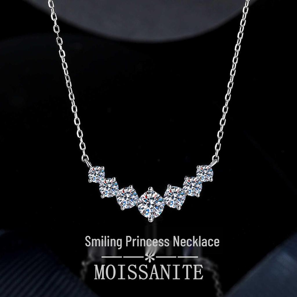 S925 Sterling Silver Moissanite Smile Necklace with Seven Princess Pendants, 2.8 Carat, D Color Clavicle Chain