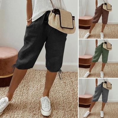 Women Shorts Elastic Mid-Waist Adjustable Drawstring Yoga Running Shorts with Pockets Solid Color Loose Fit Knee Length Pants