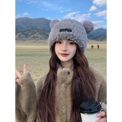 Cute Bear Ear Knitted Hat for Women In Autumn and Winter Soft Plush Hat Big Head Circumference Warm Head Wool Hat