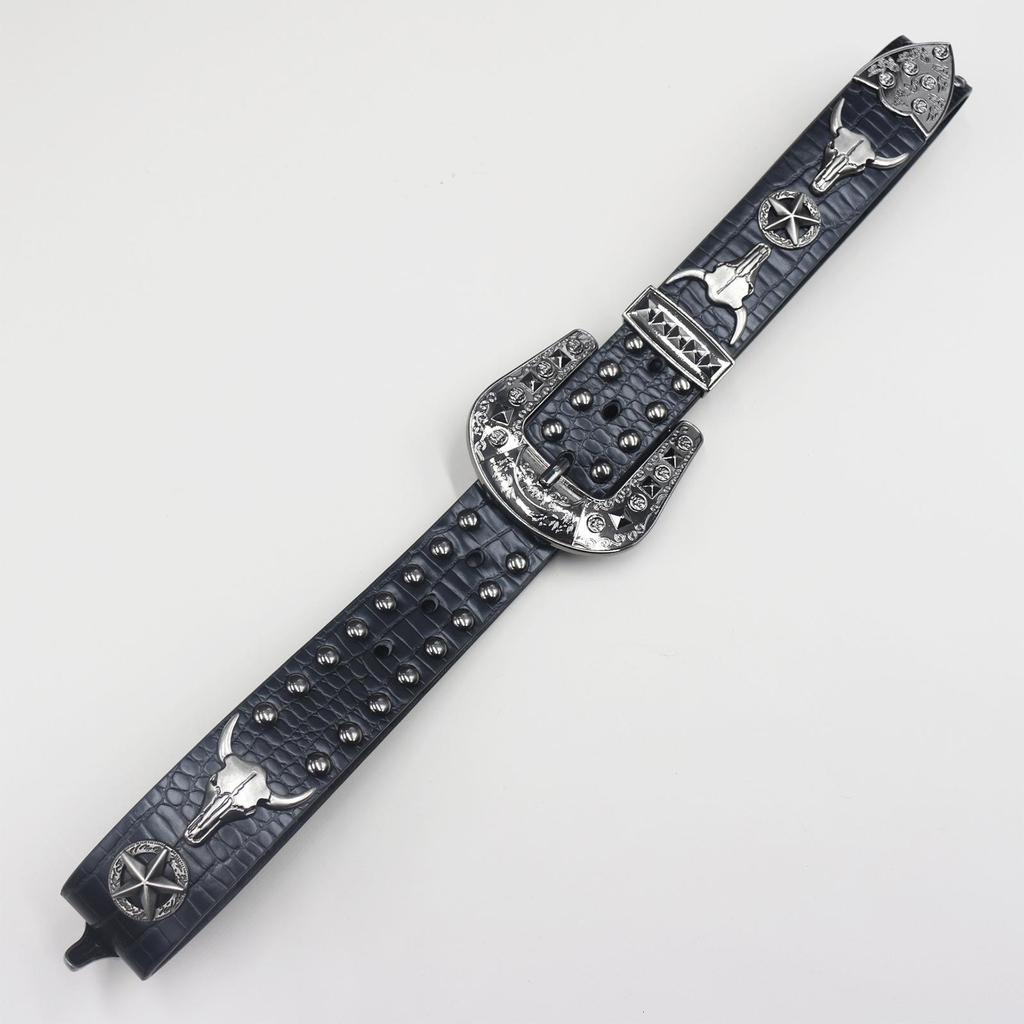 Crocodile Pattern Western Riveted Bull Head Leather Belt - Punk Y2K Unisex