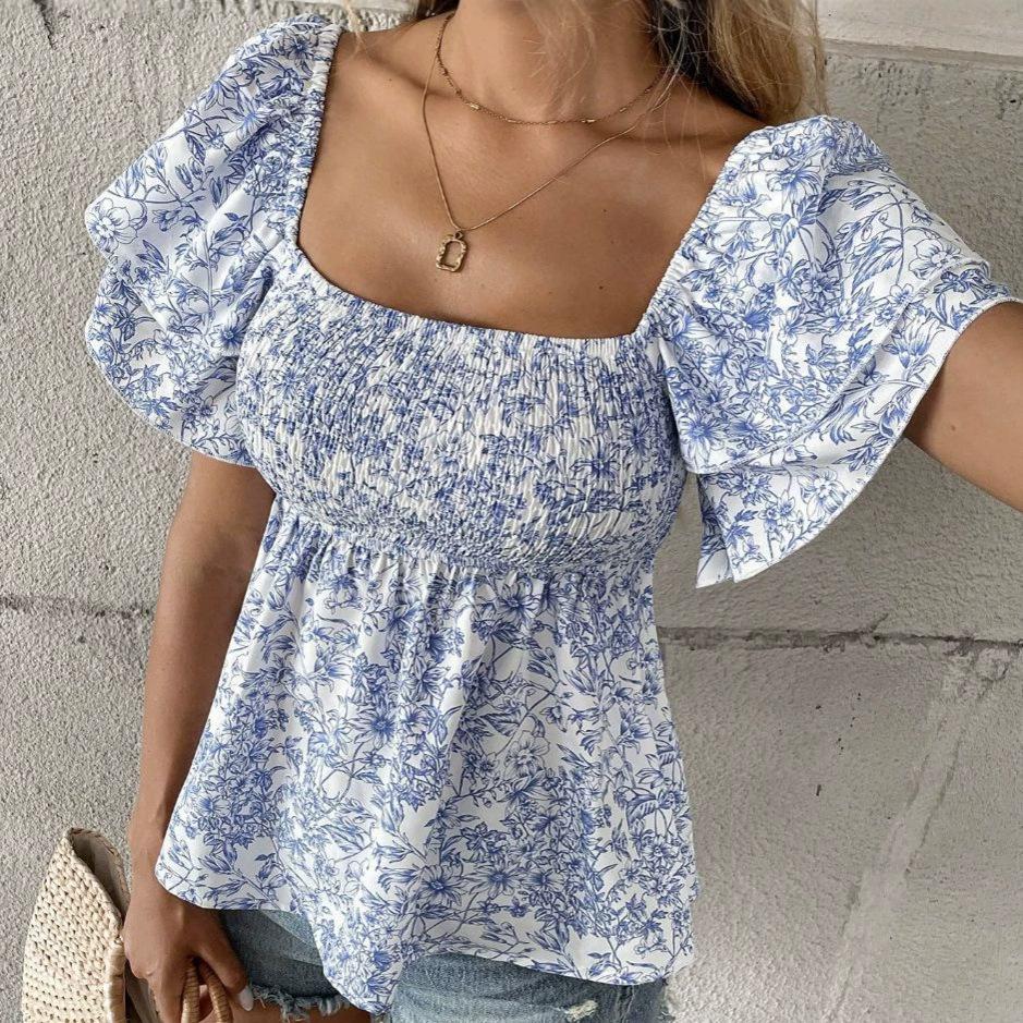 European and American Floral Square Collar Top, Double-layer Lotus Leaf Waist Loose Leisure Vacation Versatile Short Sleeves
