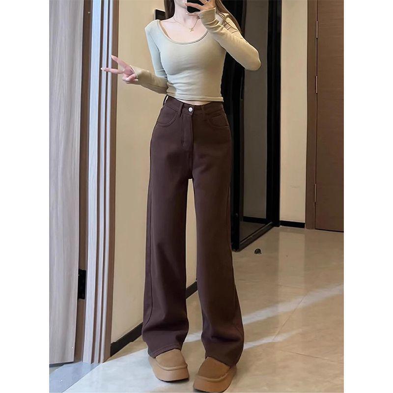 

Женские джинсы прямого кроя цвета майярдового коричневого, плюс бархат, широкие штанины - Осень/Зима, Свободный крой, Стройнящие, Большой размер L (105-115 Jin)