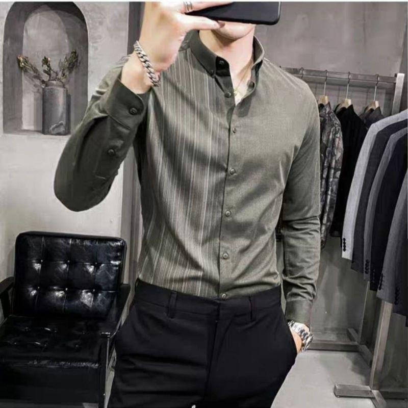 Vertical Striped Shirt Men's Long-sleeved Autumn Winter Korean Trendy Slim Business Iron-free Casual Shirt