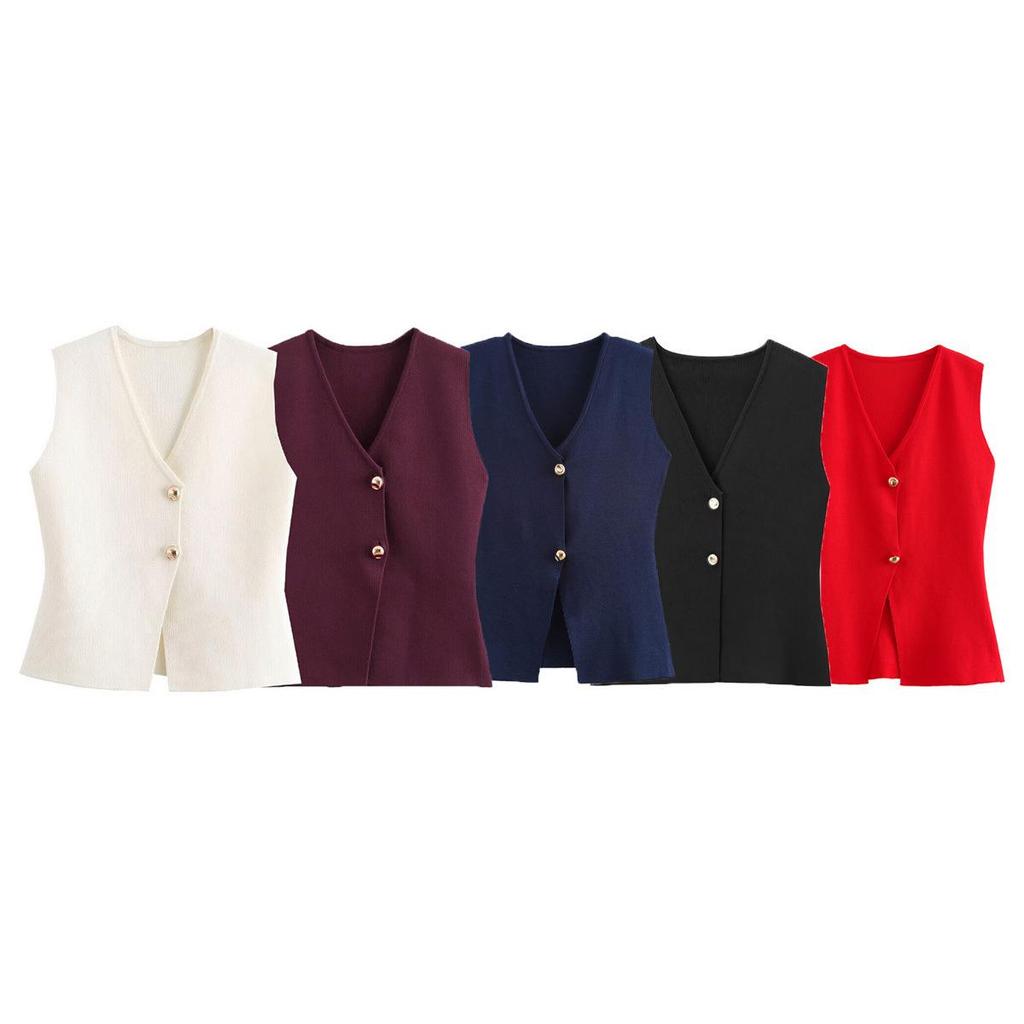 Women's Gold Button Knit Vest Top - European & American Style