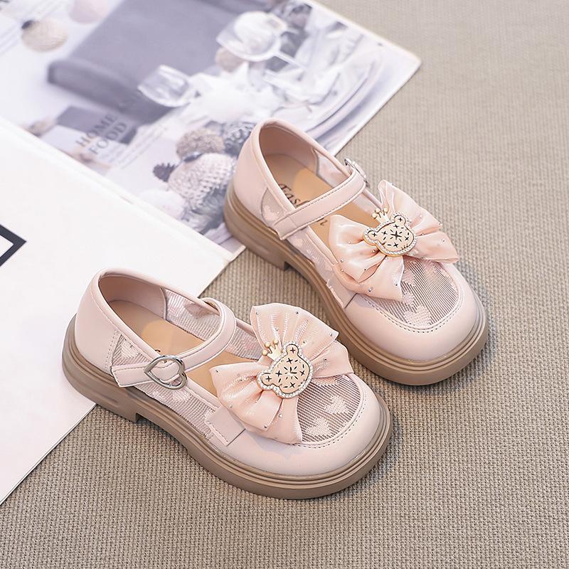 

Girls Flat Shoes Mesh Breathable Kids Princess Shoes Big Bow Sweet Bear 2025 New Children Leather Shoes Round Toes Love Heart 26 розовый
