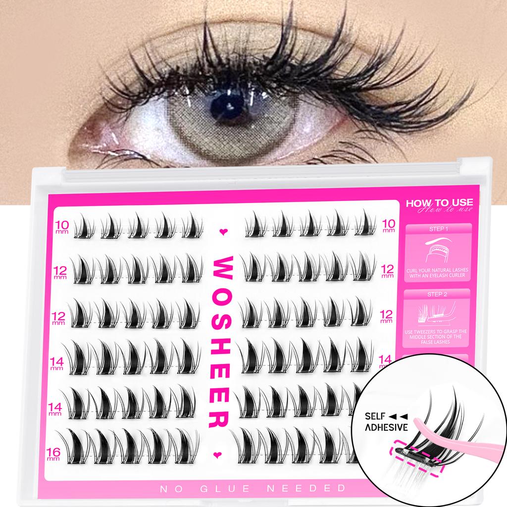 WOSHEER Selbstklebende Wimpern-Cluster Vorgeklebte Wimpern-Cluster Ohne Kleber Benötigt Wimpern Wispy Wimpernverlängerungen Einzelwimpern