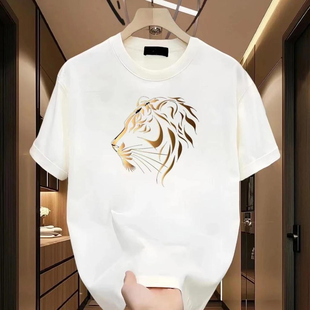 Summer Round Neck Golden Tiger Head Printed Top Fashionable Casual Pure Cotton Short Sleeved Men's T-shirts