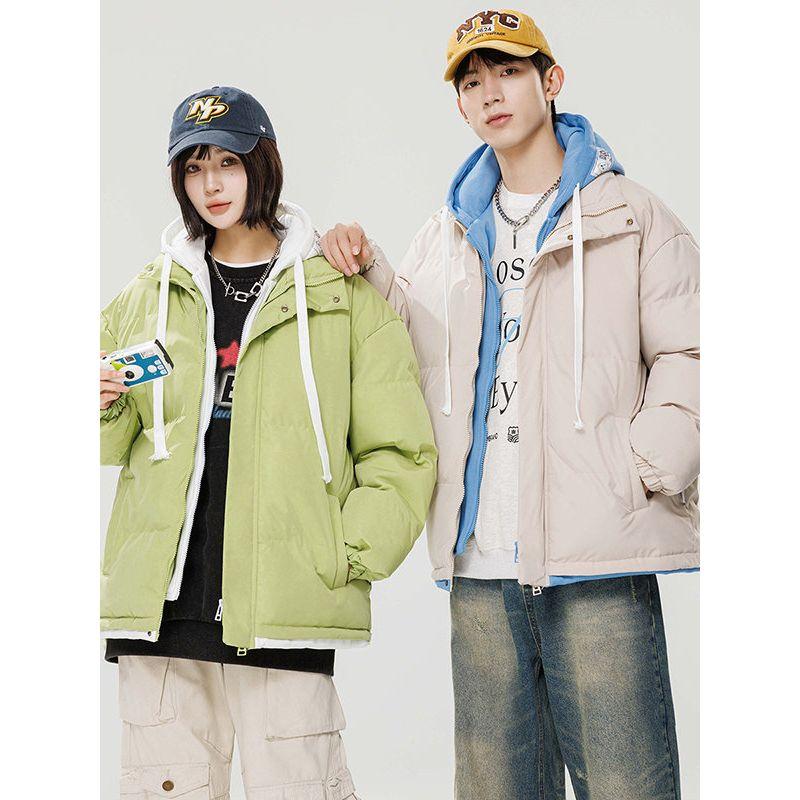 Stock Fake Two-Piece Hooded Cotton Jacket for Men and Women, Couple Style, Faux Hooded Down Jacket, Trendy Brand, Student Thickened Casual Cotton Coat