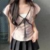 Sweet waist and thin bow strap v-neck short-sleeved T-shirt women's summer fashion age-reducing versatile small top