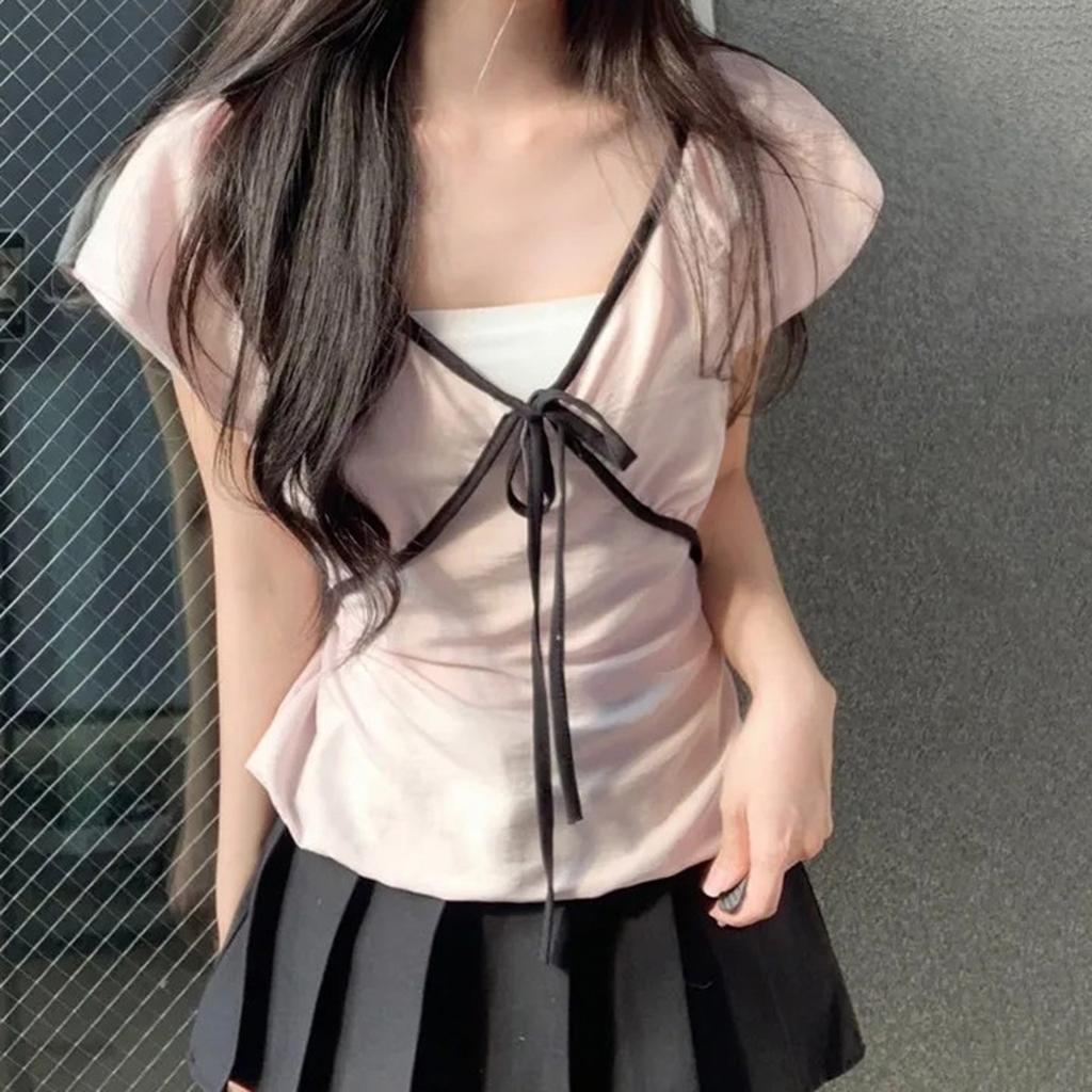 Sweet waist and thin bow strap v-neck short-sleeved T-shirt women's summer fashion age-reducing versatile small top