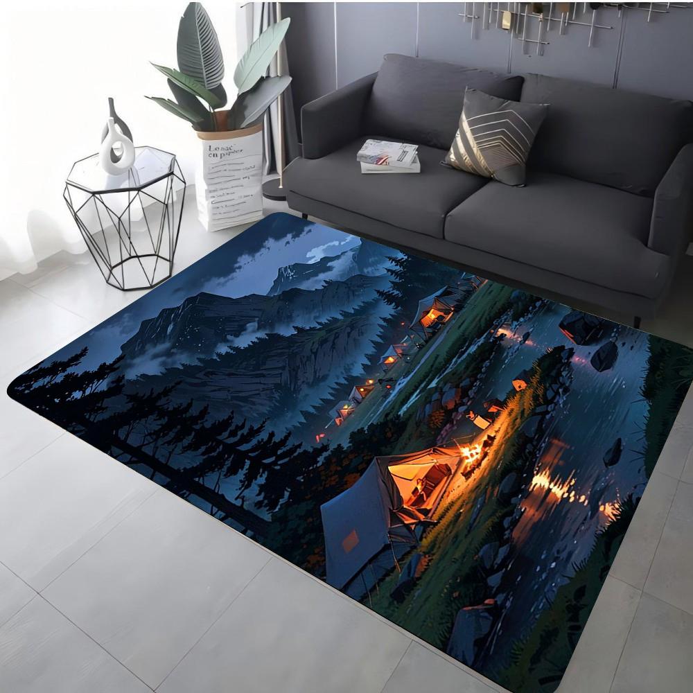 Camping Theme Carpet Various Styles With Night Campfire Tent Moon Mountain Palm Tree Art Designs Rug For Living Room Decor