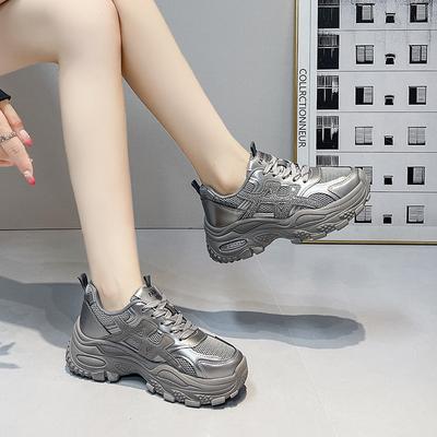 Plateau Dad Schuhe Damen 2025 Frühling und Herbst neu erhöhend vielseitig atmungsaktives Mesh lässig silberne Sport-Laufschuhe