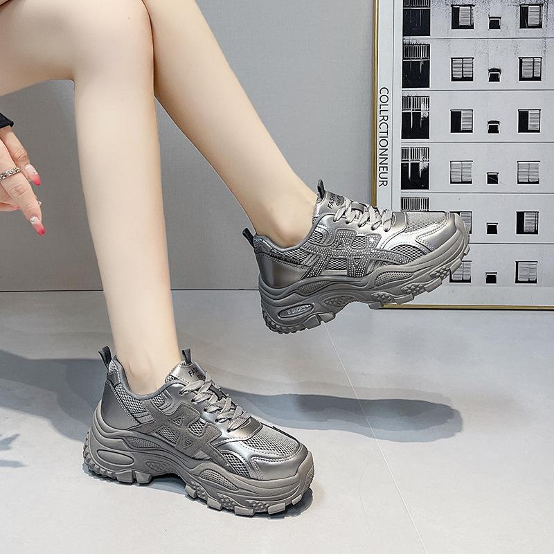 Platform Dad Shoes Women's 2025 Spring and Autumn New Heightening Versatile Breathable Mesh Casual Silver Sports Running Shoes