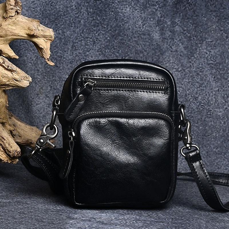 

Men s Retro Leather Phone Waist Bag, Crazy Horse Leather Multifunctional Crossbody Bag, Pure Cowhide Single Shoulder, Simple
