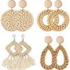 4 Paires Boucles d'Oreilles en Rotin Légères Géométriques Pompon Tressées Bohémiennes Fait Main Paille Osier Tressage Anneau Pendantes Pour Femmes Filles (S