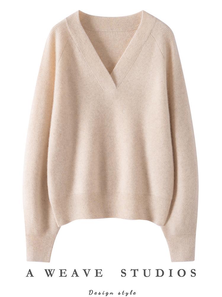 Women's Cashmere V-Neck Sweater - Thick, Loose, Solid Color for Autumn/Winter
