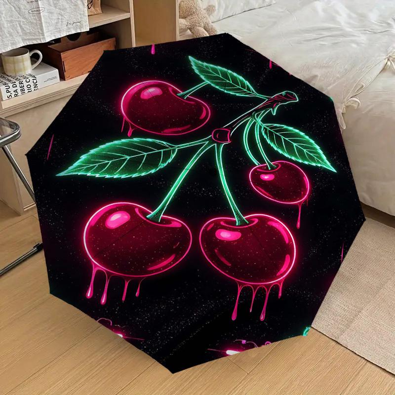 1pc Cherries Neon Automatic Open/Close Umbrella Compact Folding Umbrella with 8-Rib Shaft for Women/Men, Elegant Birthday1180S