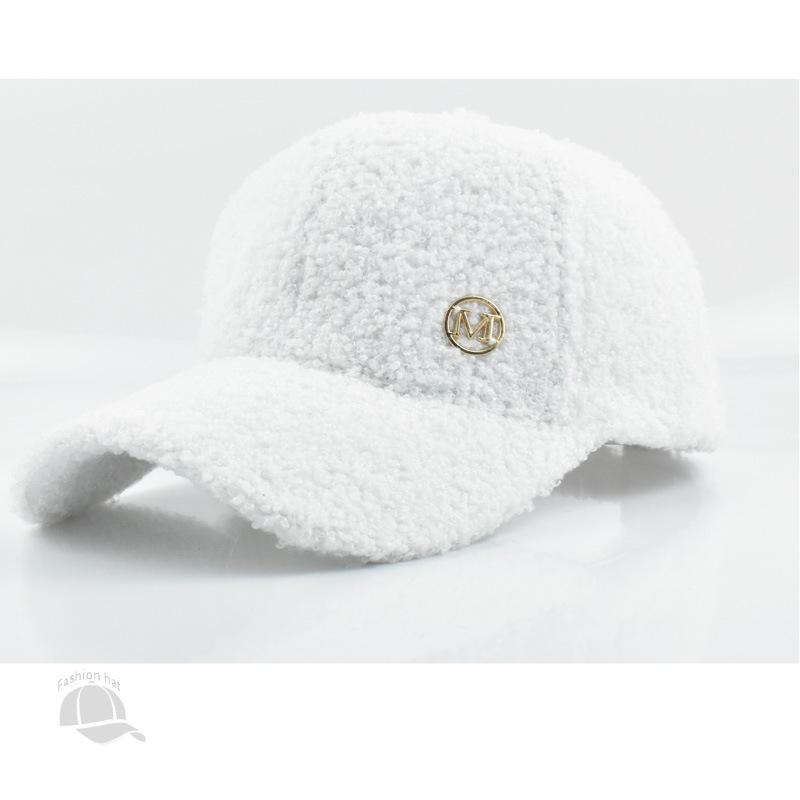 Winter Solid Color M Logo Baseball Cap - Women's Lamb Wool Peaked Hat, Outdoor Warm Casual Fashion Fluffy Visor