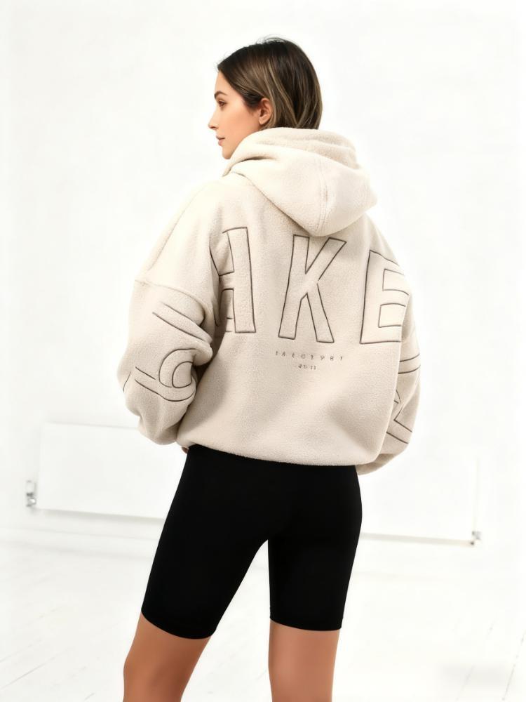 Europäischer & Amerikanischer Damen Lammwolle Hoodie - Herbst/Winter Lockerer Pullover mit Kapuze 2025. Medium off-weiße