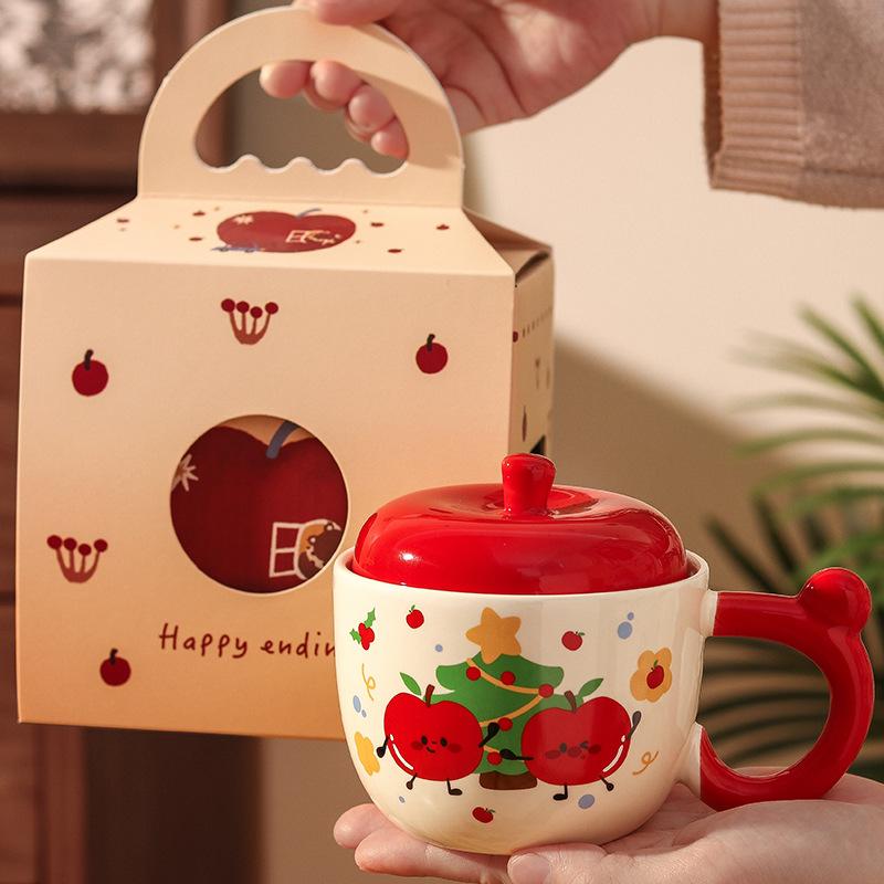 Apple High-value Water Cup Girls Ceramic Mug with Lid Christmas Coffee Breakfast Cup Birthday Gift Souvenir