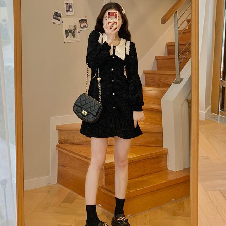 Women Dress  Autumn French Elegant Temperament Lapel Lace Check Chic  Waist Puff Sleeve Dress