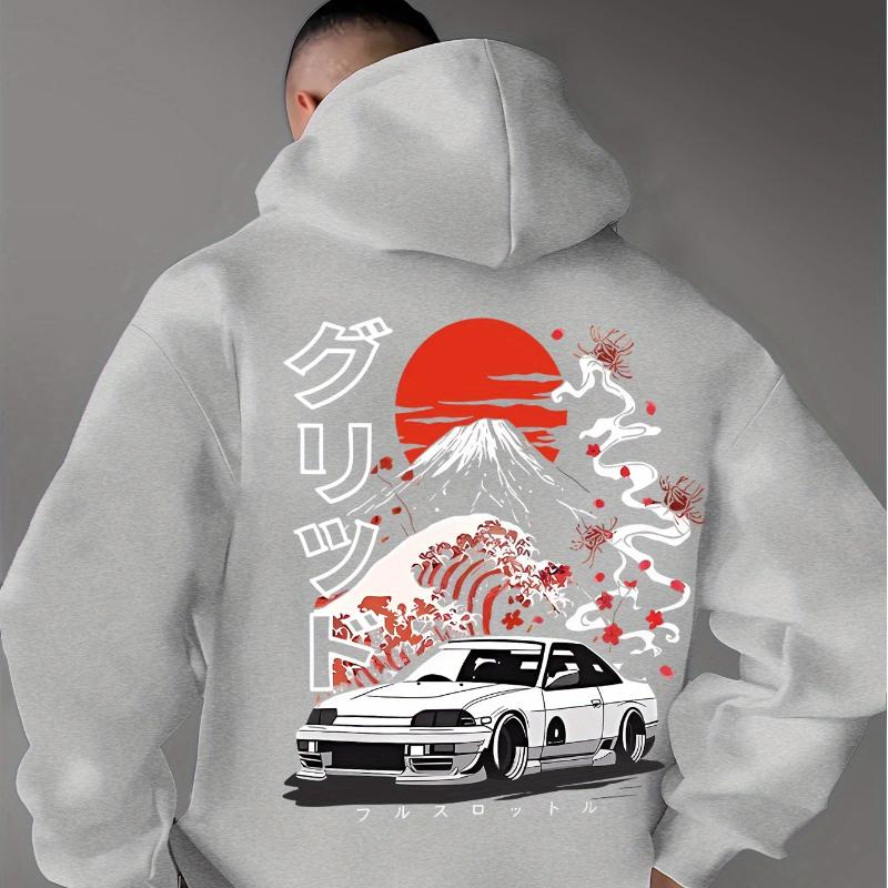 A Men'S Casual Stylish Japanese-Inspired Hoodie Featuring Mountain And Freedom Elements, Long-Sleeved Pullover, Regular Fit.