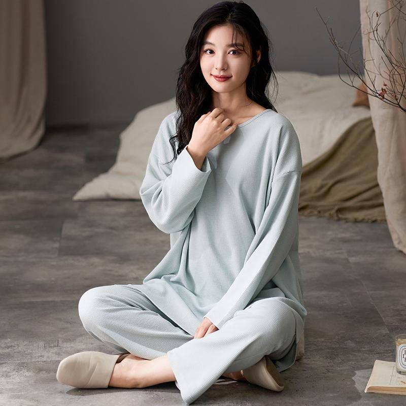 

Простые однотонные пижамные комплекты для женщин с длинными рукавами и длинными брюками на осень-зиму, повседневная одежда для сна, мягкая пижама, уютная пижама для девочек 2XL