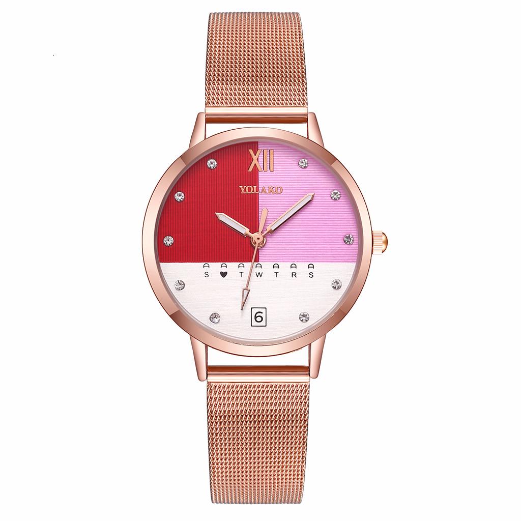 Mode Frauen Rose Gold Edelstahl Mesh Gürtel Doppel Farbe Uhr Luxus Damen Quarzuhr