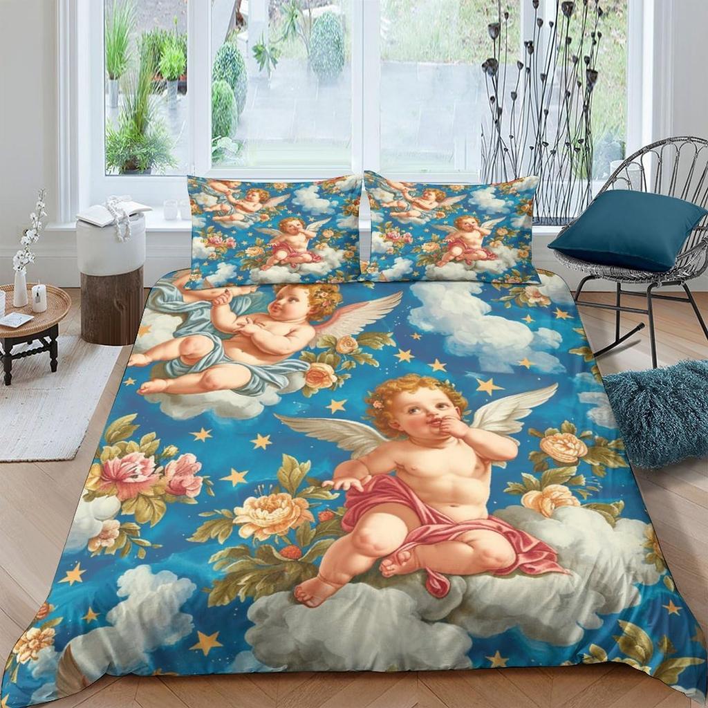 Zestaw poszewek na kołdrę Aniołek Dla Dzieci Rozmiar Królewski Bliźniaczy Pokrowce na Kołdrę Lekkie Pióra Wystrój Pokoju 2 Poszewki na Poduszki 1 Poszewka na Kołdrę Bez Wypełnienia