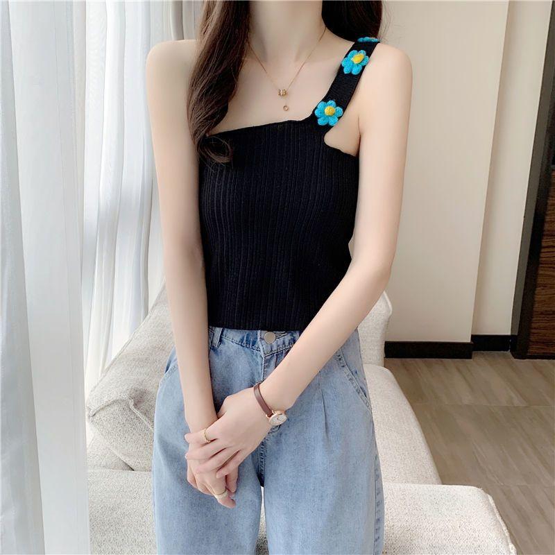 Single Shoulder Strap Slanted Shoulder Outer Wear Knitted Vest Suspender High Waist Exposed Navel Short Top Women's Summer