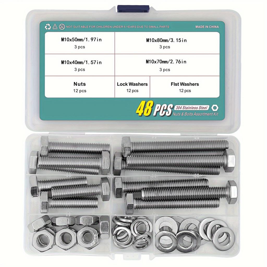 M6 M8 M10 Heavy Duty Bolts and Nuts Assortment Kit, 304 Stainless Steel, Includes 8 Most Common Sizes