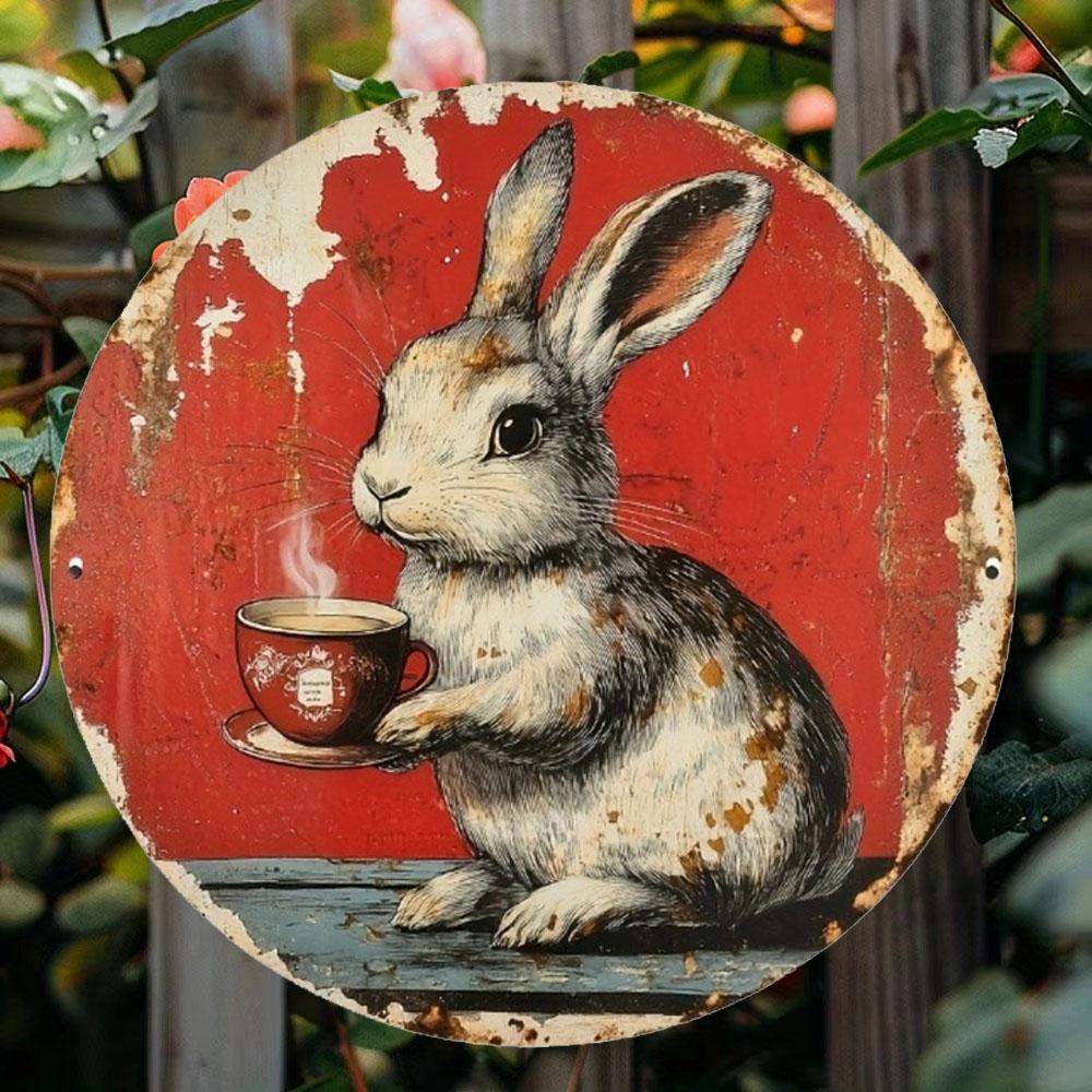 Vintage Hase mit Kaffeetasse Rundes Holzschild, 18cm Retro Wandkunst Dekor für Zuhause