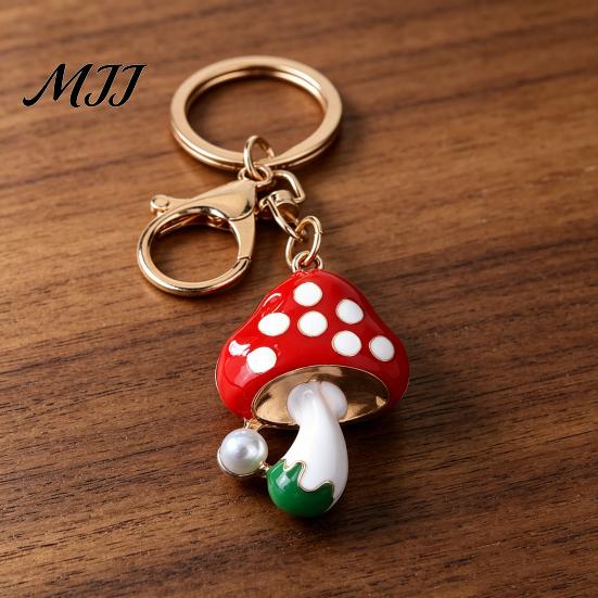 Faux Pearl Combination Keychain Zinc Alloy Pendant, Dripping Process Key Ring with Imitation Cartoon Charm Mushroom Shape, Multiple Colors Bag