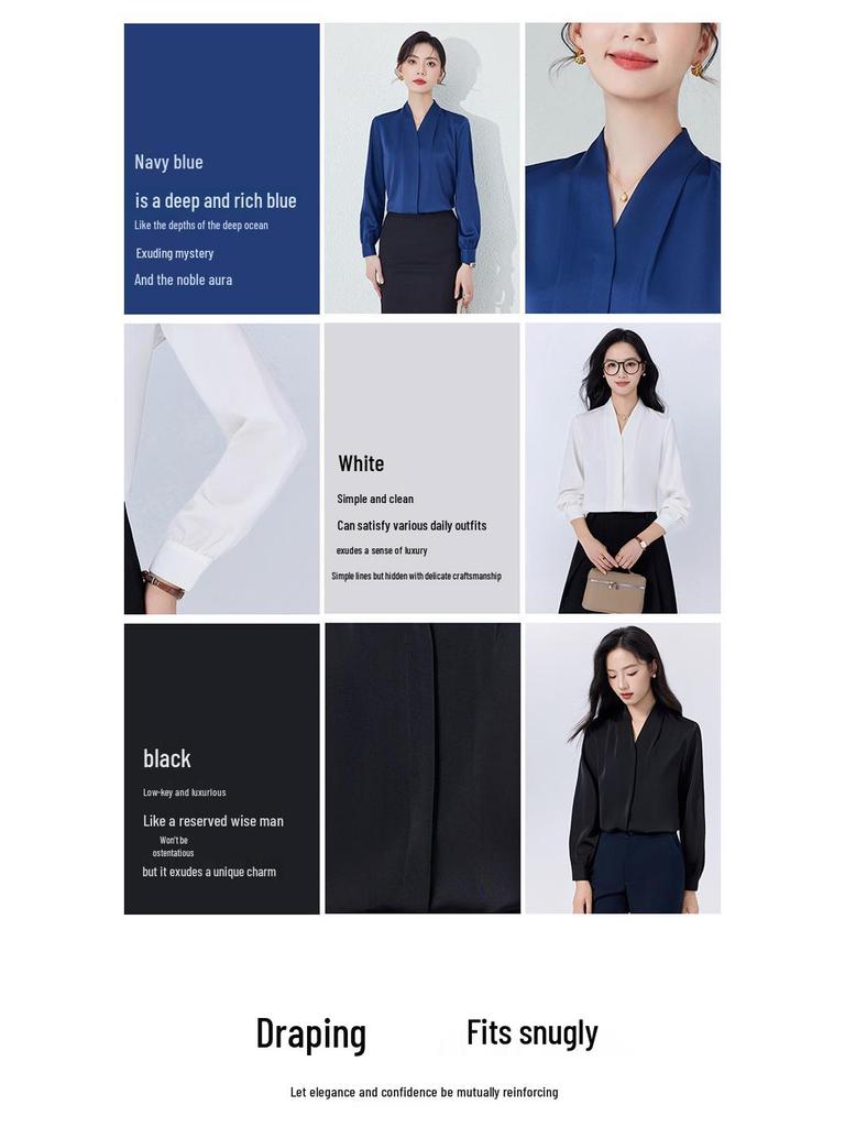 Black V-Neck Long Sleeve Women's Shirt - Petite Professional Interview Wear for Spring and Autumn