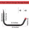 Heavy Duty Garage Storage Hooks,15Inch Jumbo Arm Kayak Wall Hangers 100 LB Capacity, Steel Canoe Rack for Outdoor or Indoor