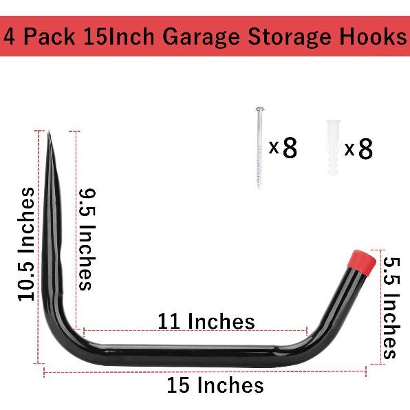 Heavy Duty Garage Storage Hooks,15Inch Jumbo Arm Kayak Wall Hangers 100 LB Capacity, Steel Canoe Rack for Outdoor or Indoor